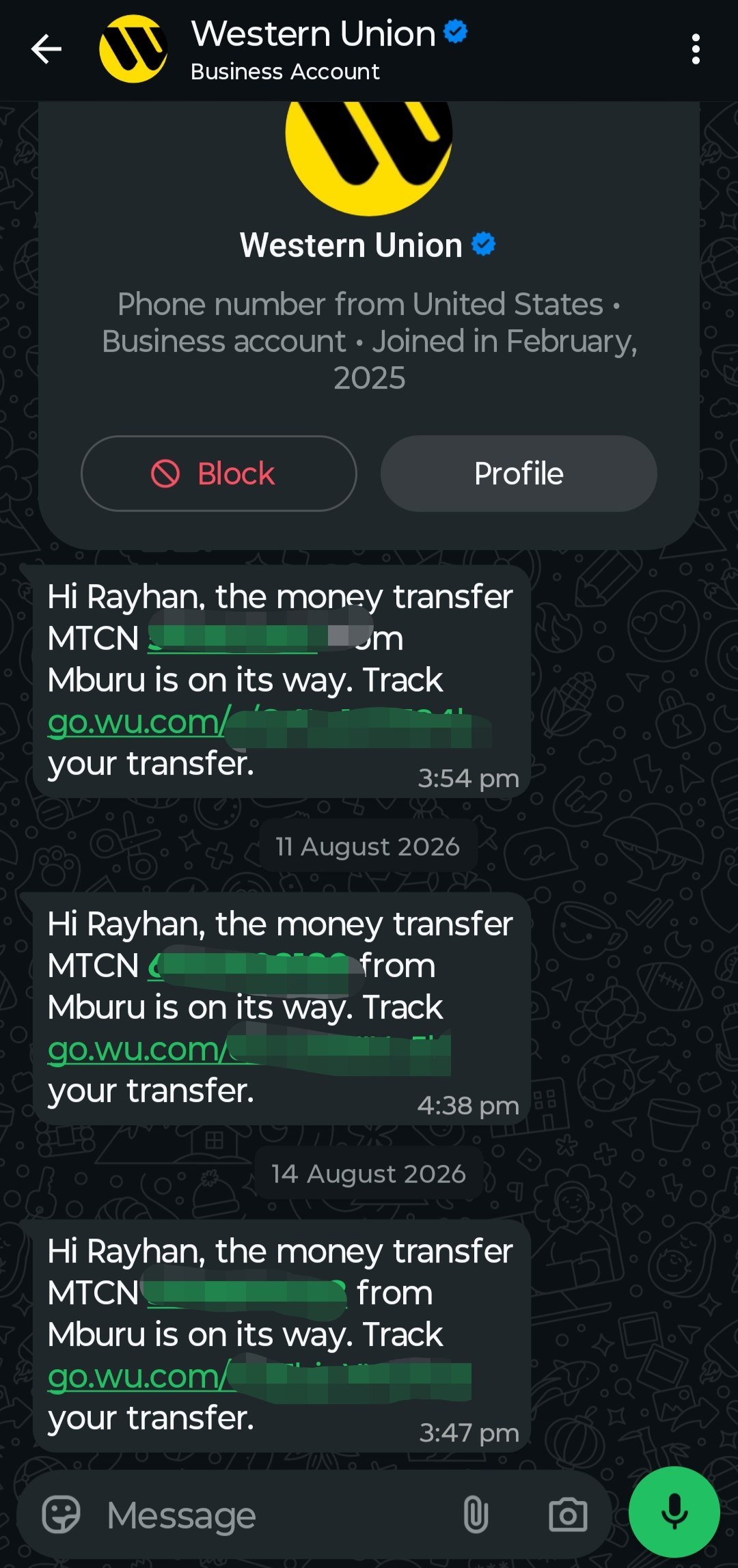 Western Union message with blurred MTCN and tracking link